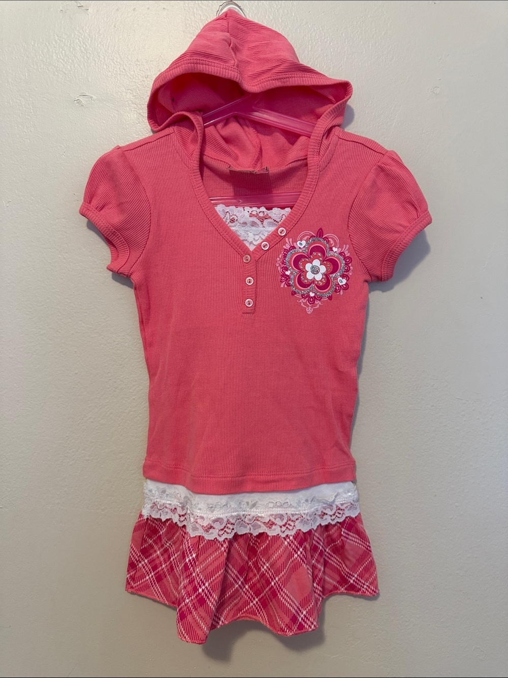 Knitworks Pink Hooded Short-Sleeve Dress with Plaid Skirt